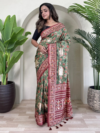 Wonderful Green Pichwai Printed Viscose Event Wear Saree With Blouse